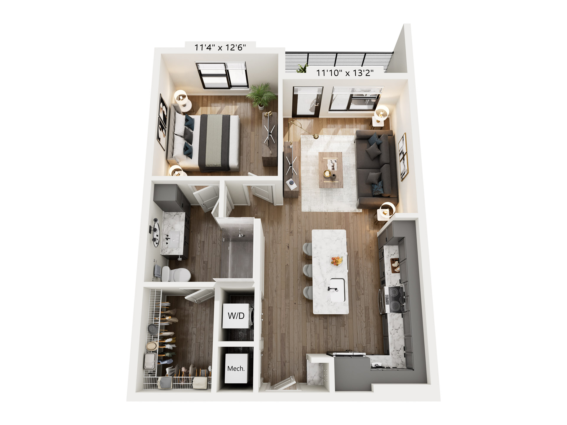 A 3D image of the The Haven floorplan, a 818 squarefoot, 1 bed / 1 bath unit