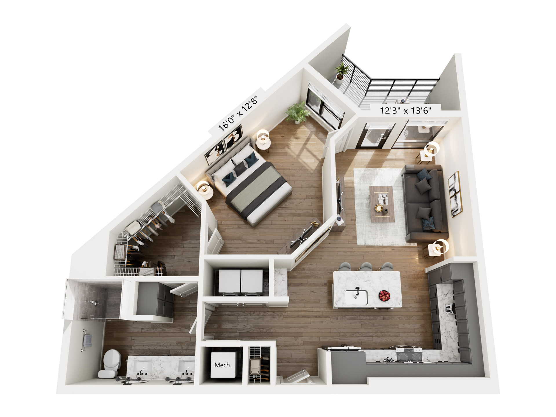 A 3D image of the The Niche floorplan, a 961 squarefoot, 1 bed / 1 bath unit