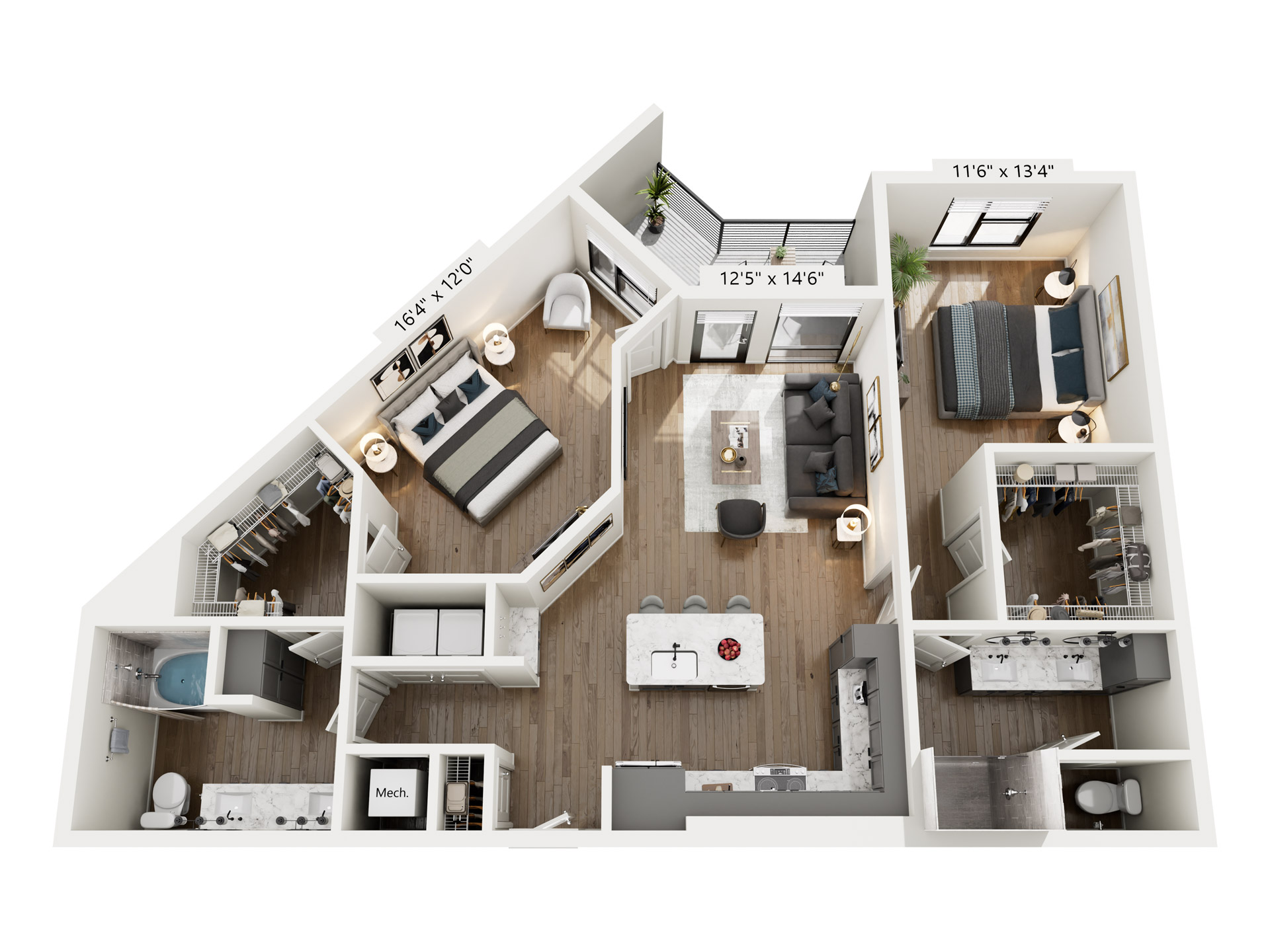 A 3D image of the The Notion floorplan, a 1,307 squarefoot, 2 bed / 2 bath unit
