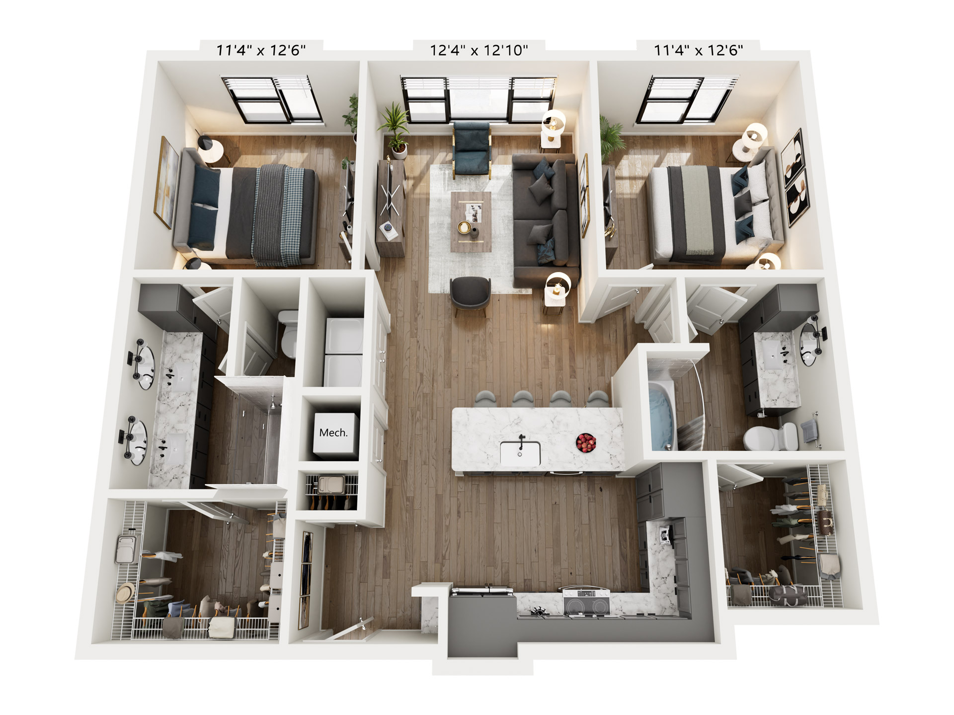 A 3D image of the The Perspective floorplan, a 1151 squarefoot, 2 bed / 2 bath unit