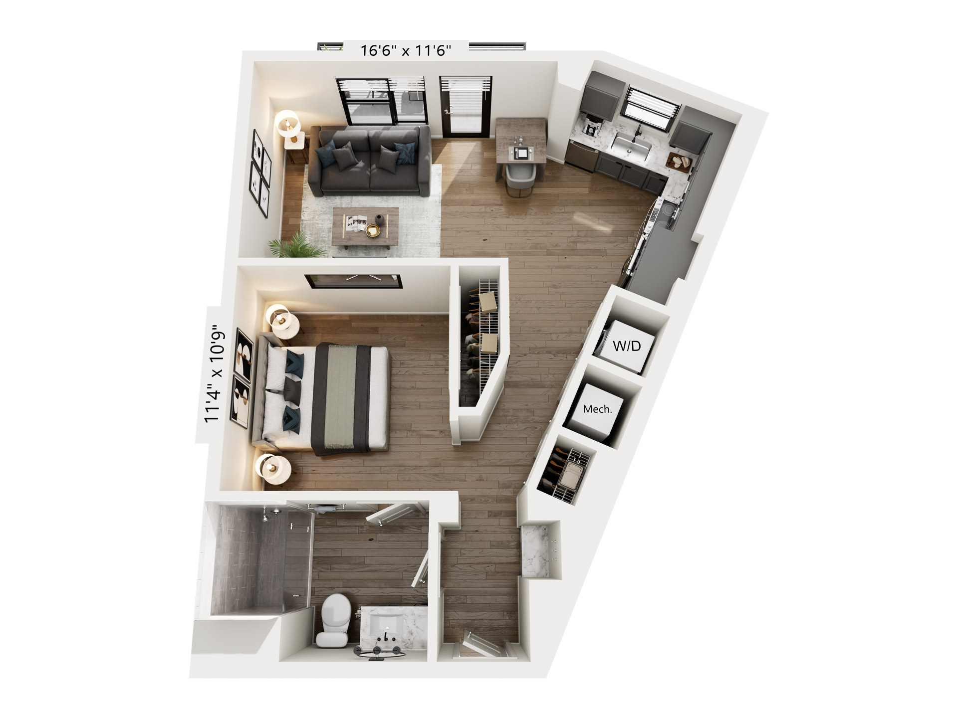 A 3D image of the The Unscripted floorplan, a 747 squarefoot, Studio bed / 1 bath unit