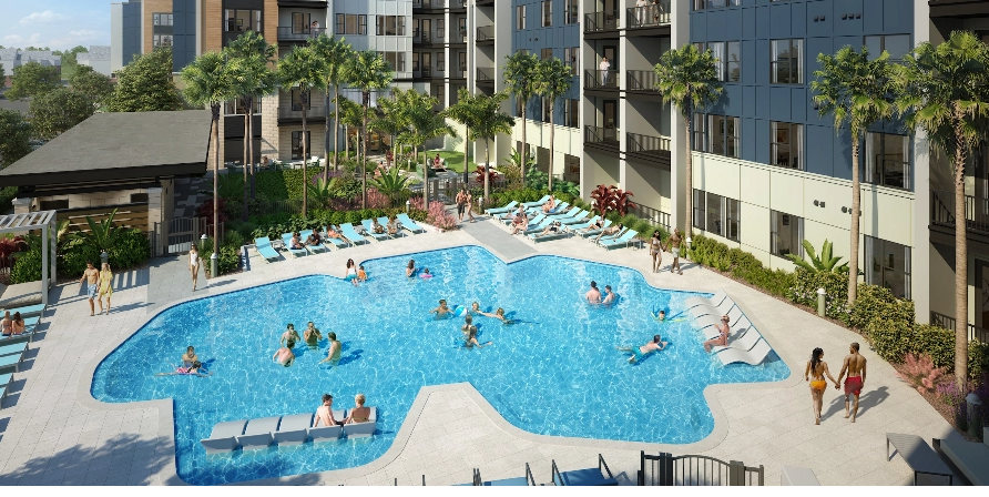 Vibrant pool scene with people relaxing