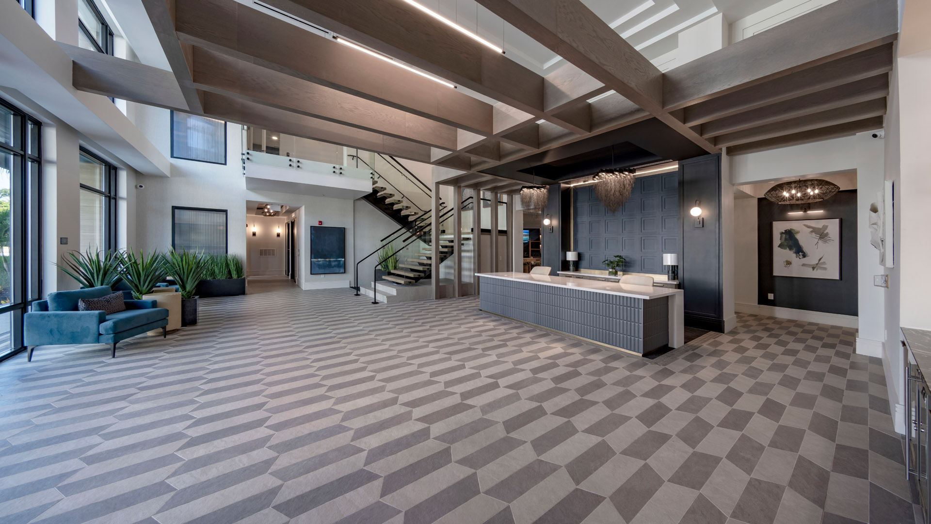 Modern lobby with geometric flooring design