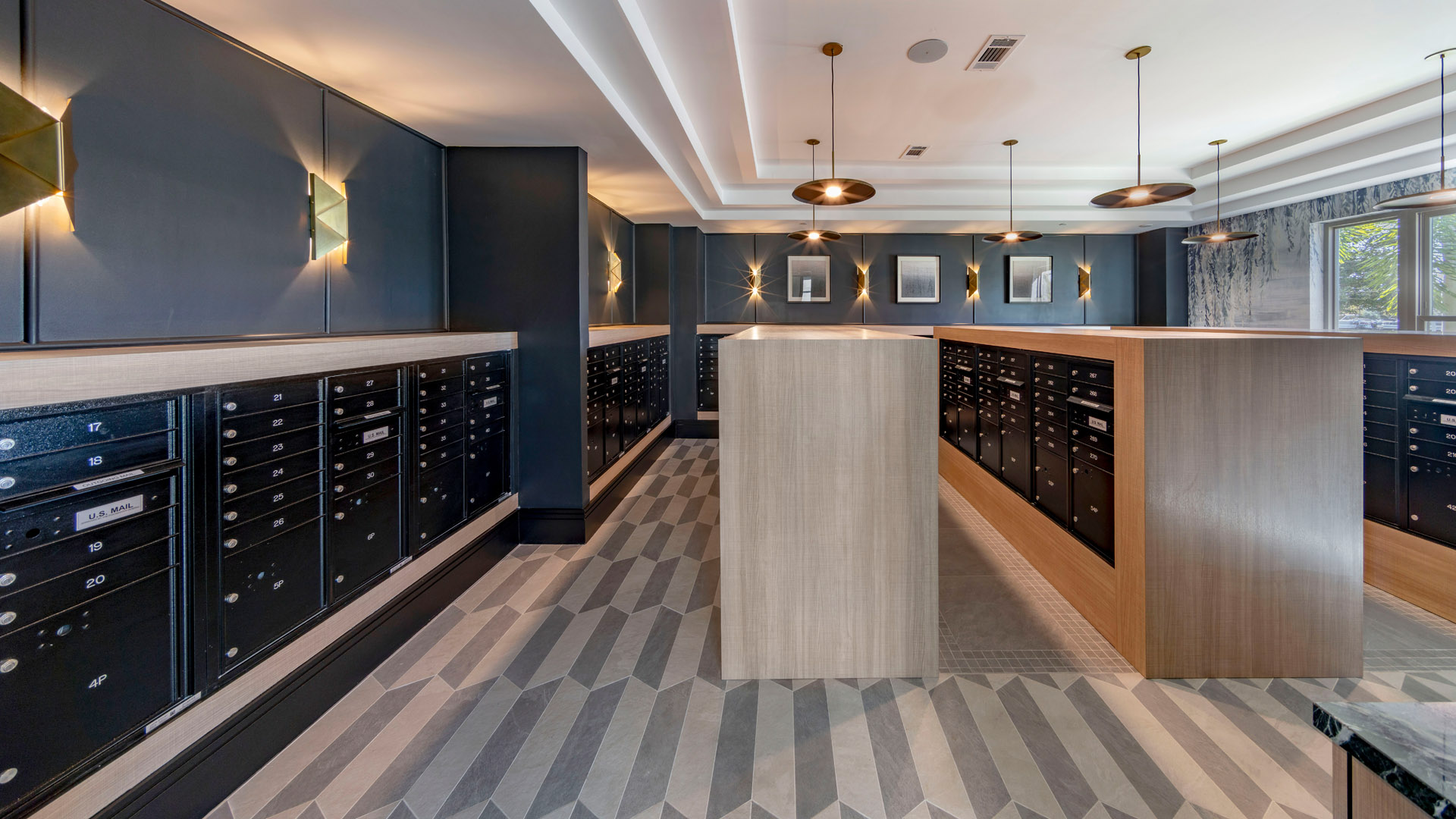 Modern mailroom with sleek design.