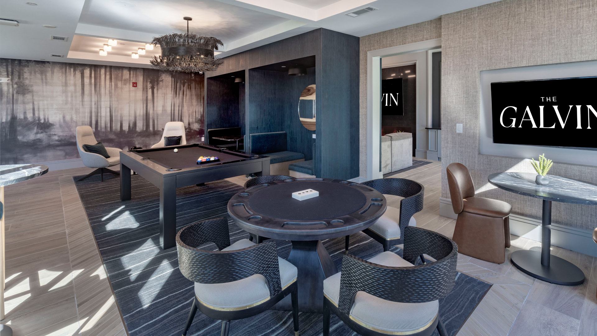 Modern lounge with gaming tables.