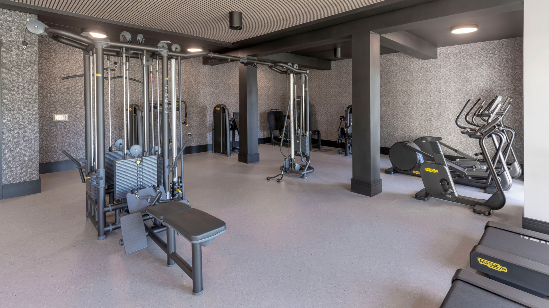 Modern gym with various exercise equipment.