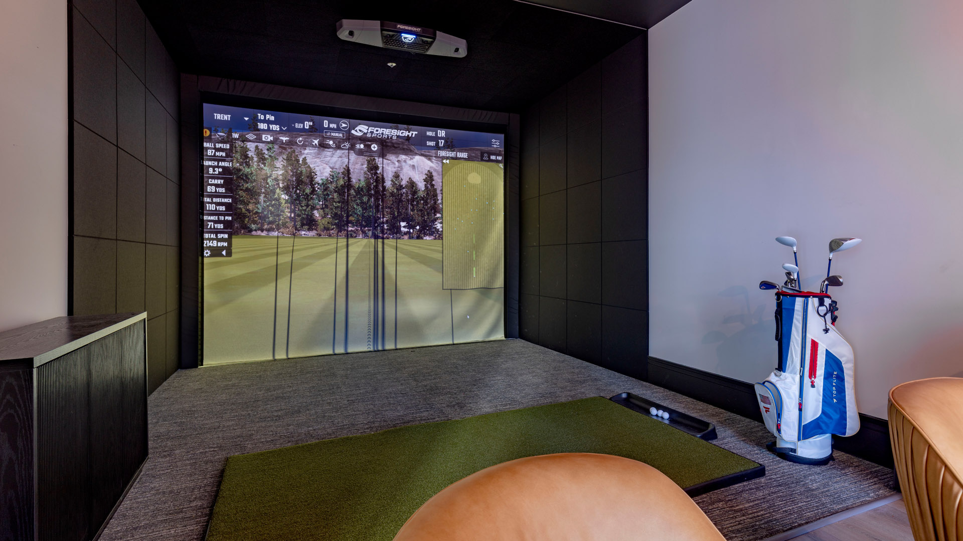 Indoor golf simulator with equipment setup