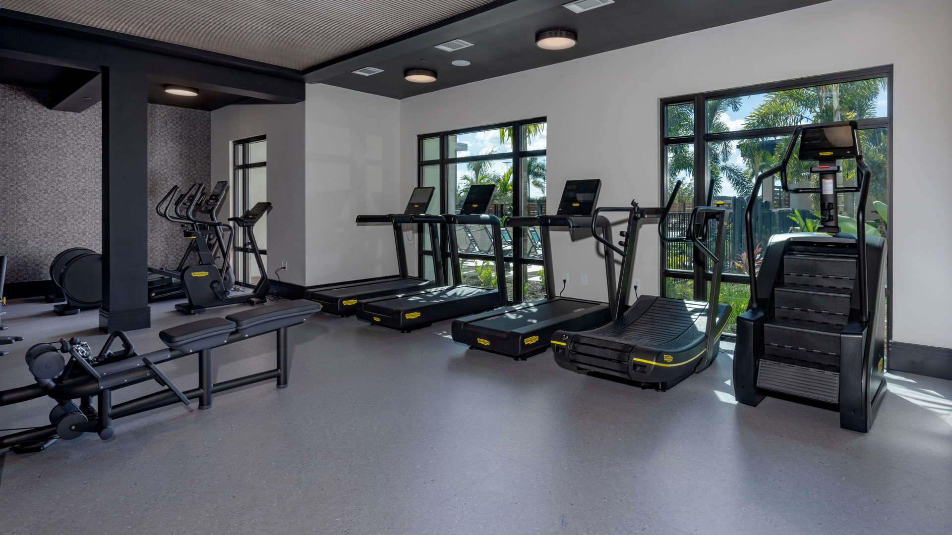 Modern gym with various exercise equipment