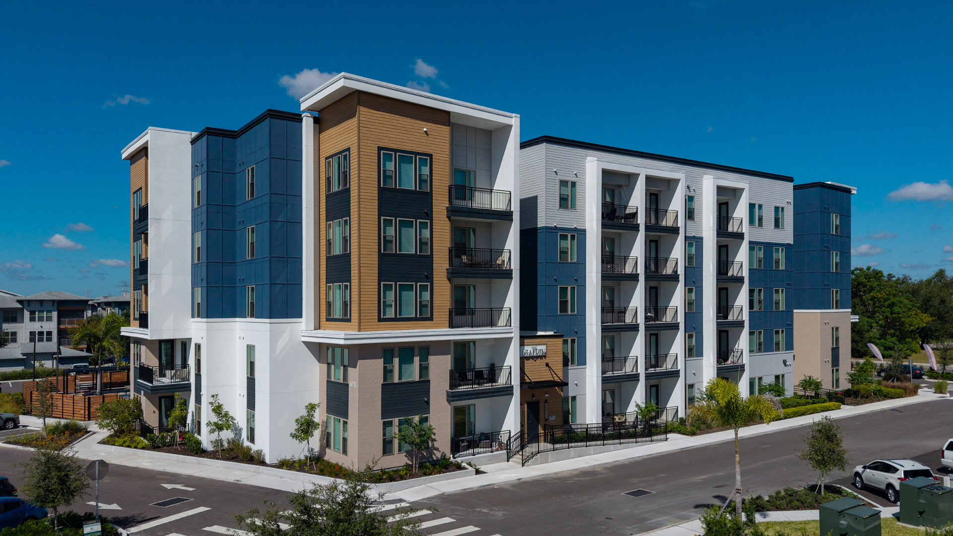 Modern apartment building with balconies.