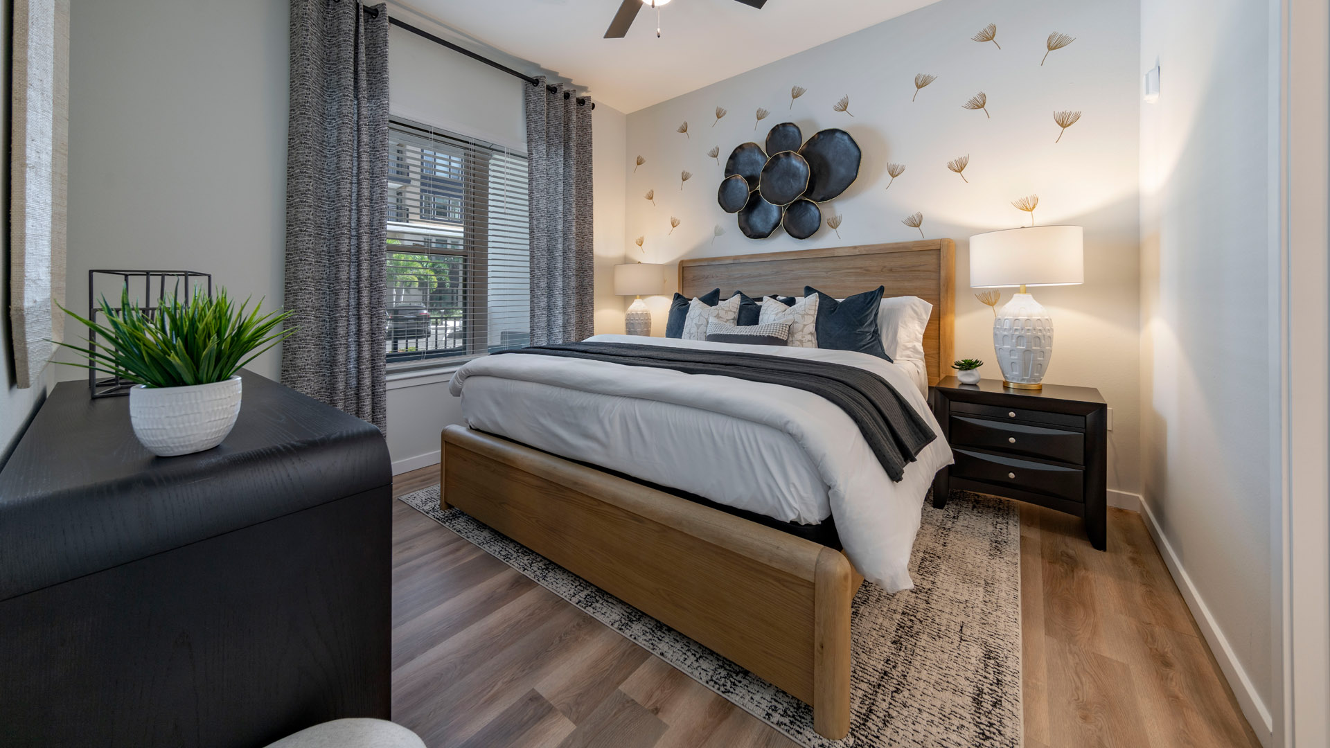 Modern bedroom with stylish decor.