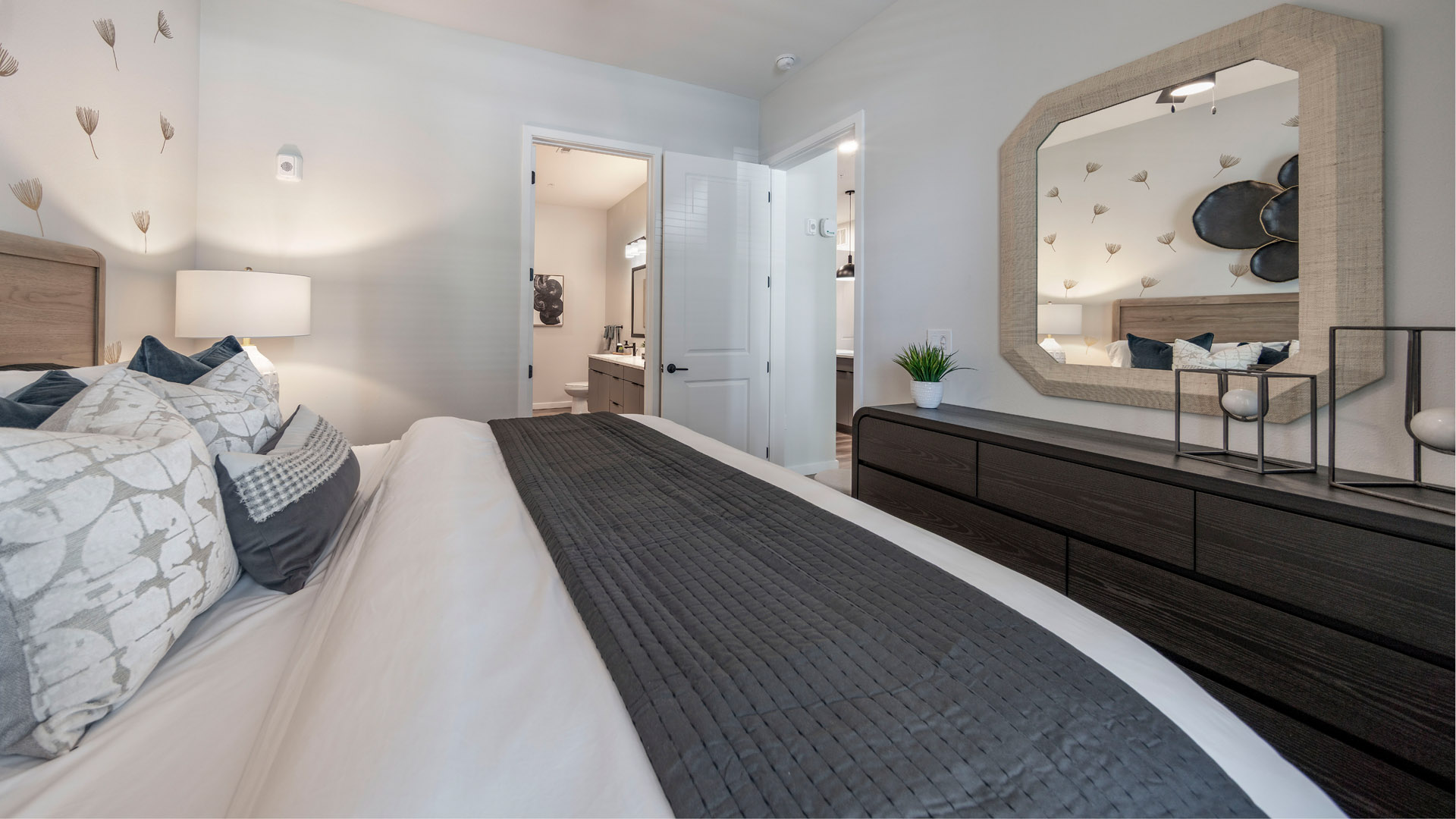 Modern bedroom with stylish decor.