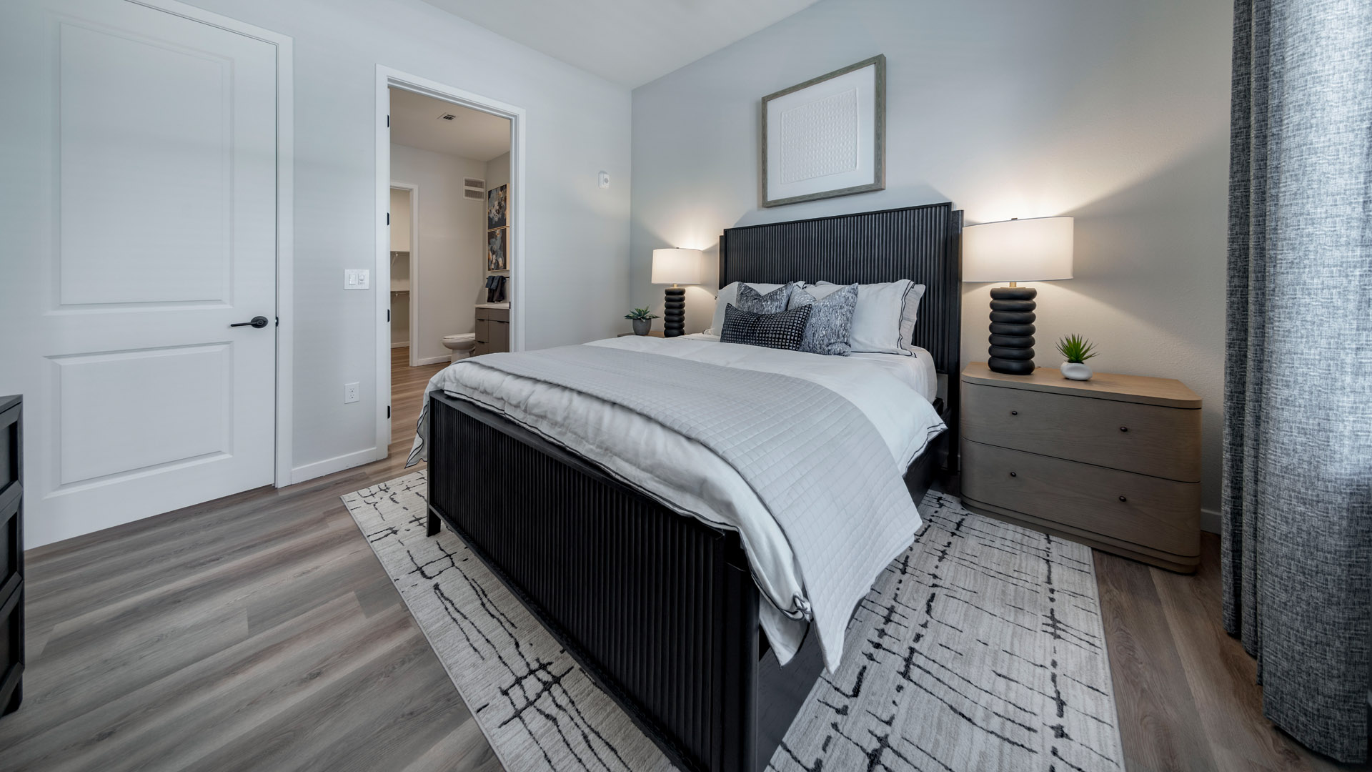Modern bedroom with stylish decor.
