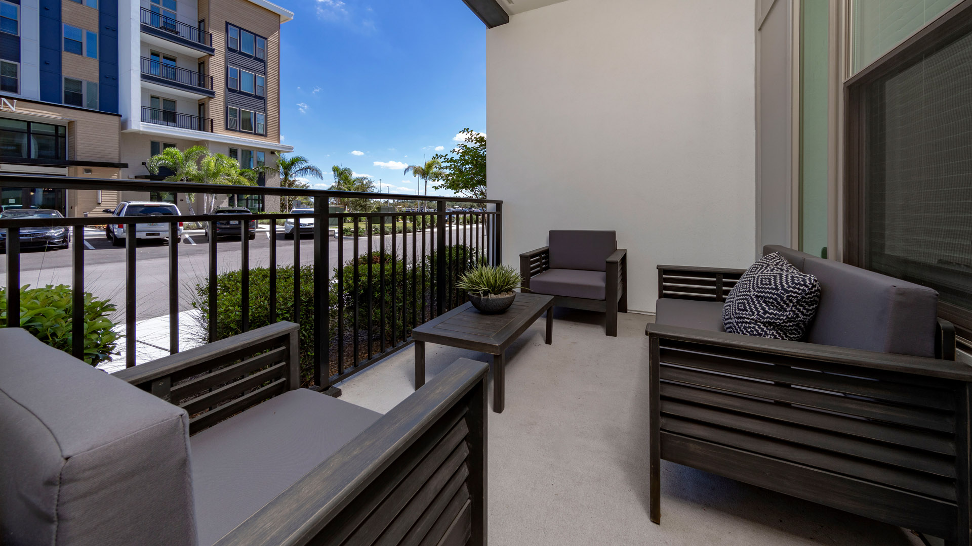 Modern balcony with seating area