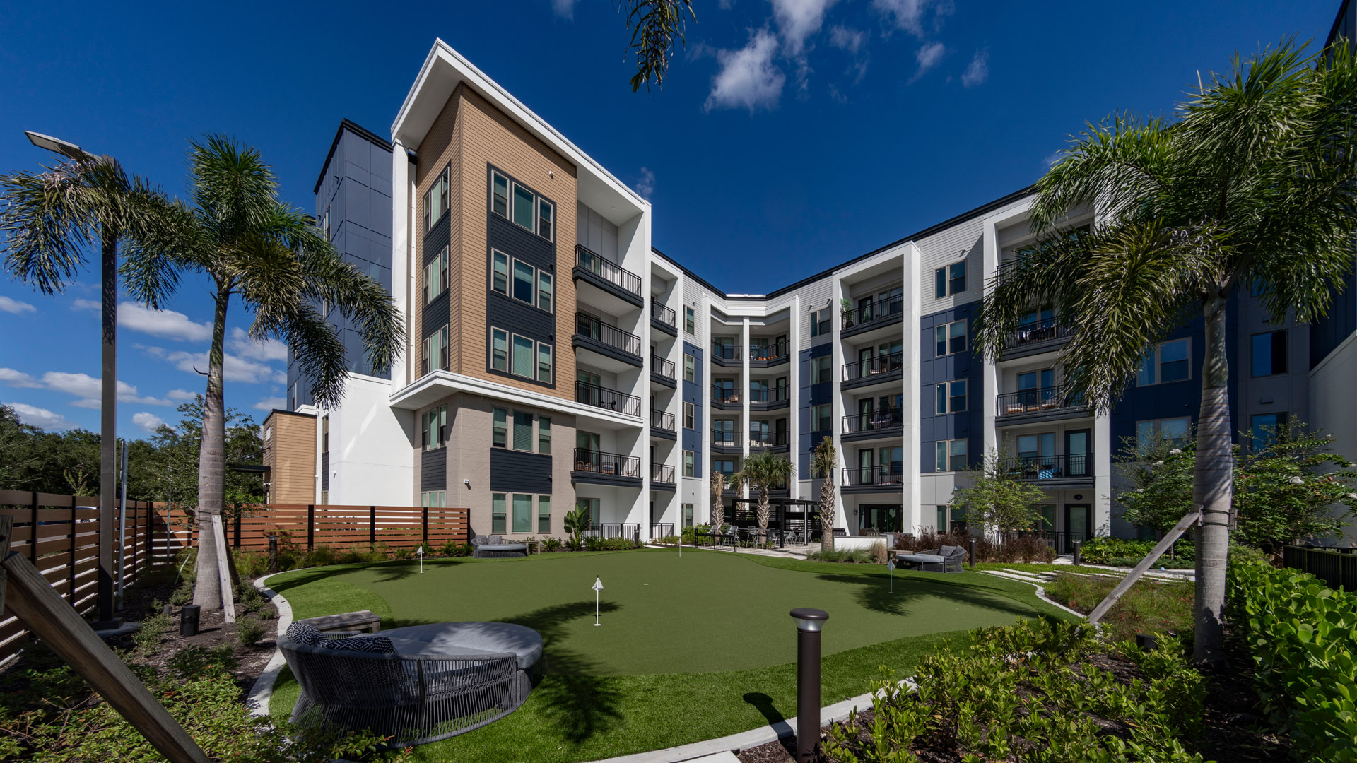 Modern apartment complex with green space