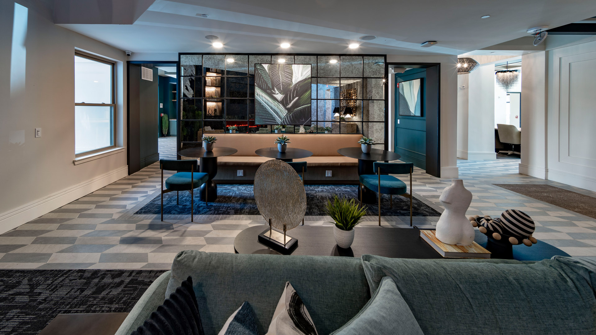 Modern lobby with stylish furnishings.